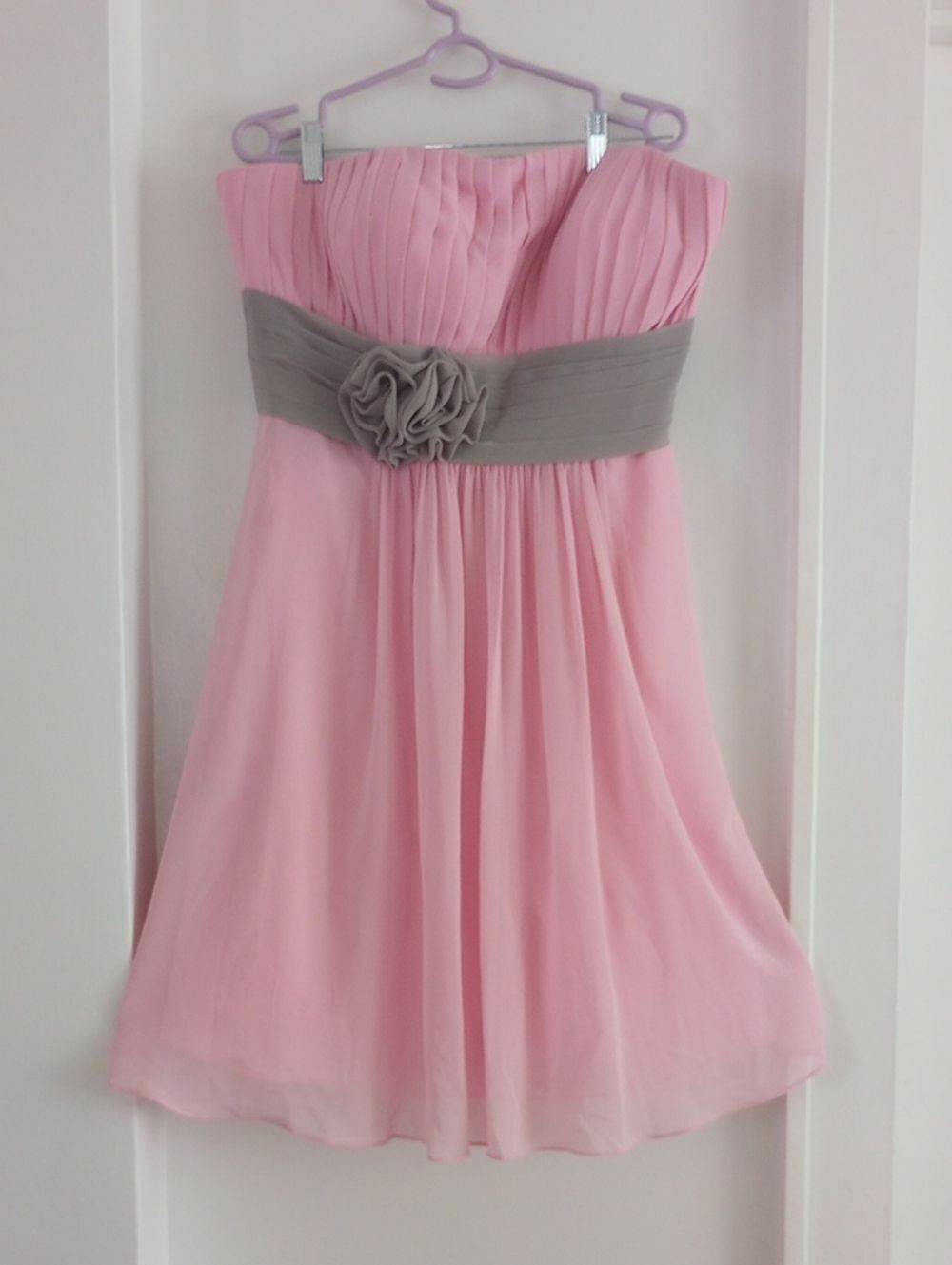 Azazie Pink Strapless Dress Gray Accent Rosette Bridesmaid Party Summer Size 14
